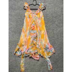 U & Me Womens A Line Dress Orange Abstract Short V Neck Sleeveless Ruffle M